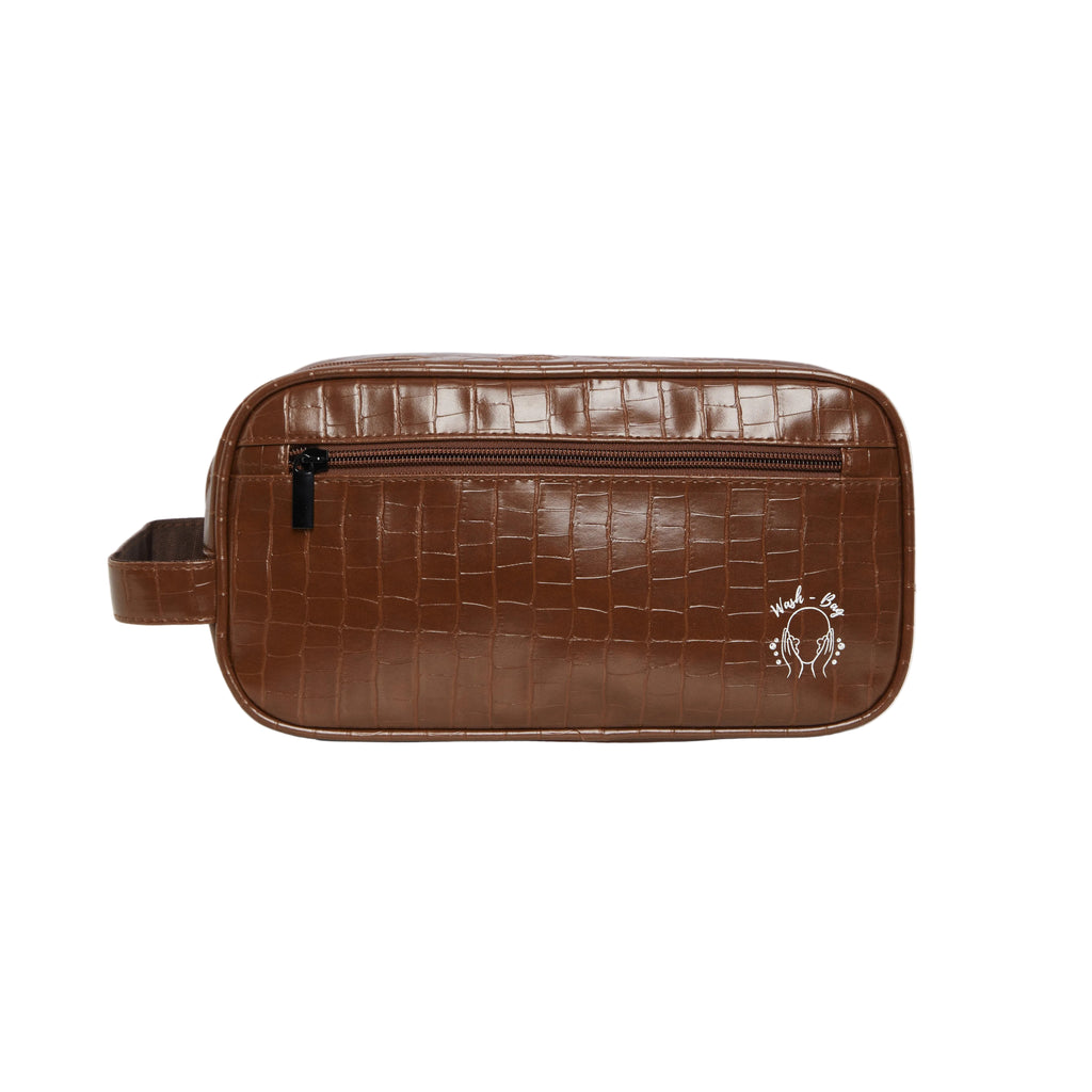 Brown textured toiletry bag with a logo on a white background