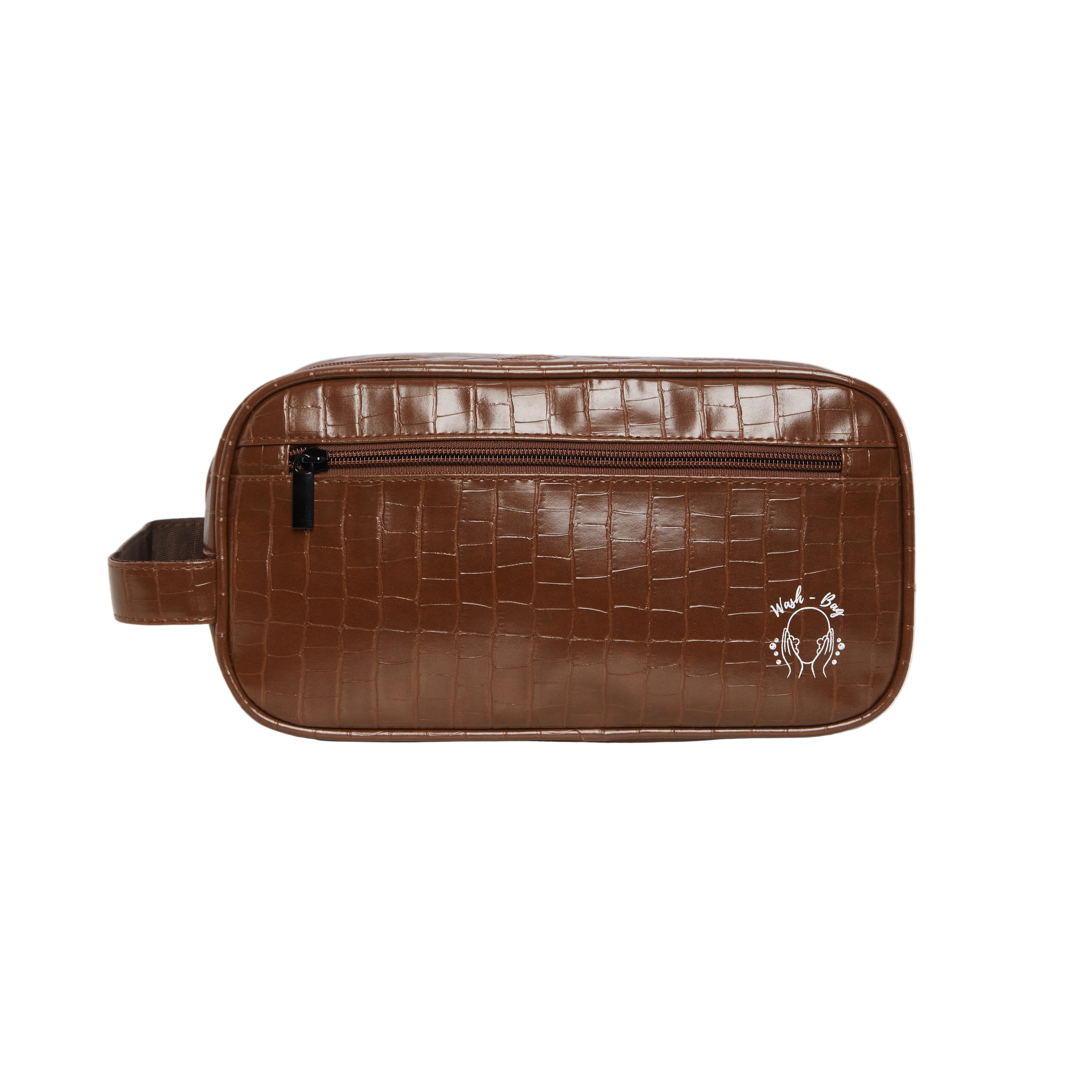 Brown textured toiletry bag with a logo on a white background